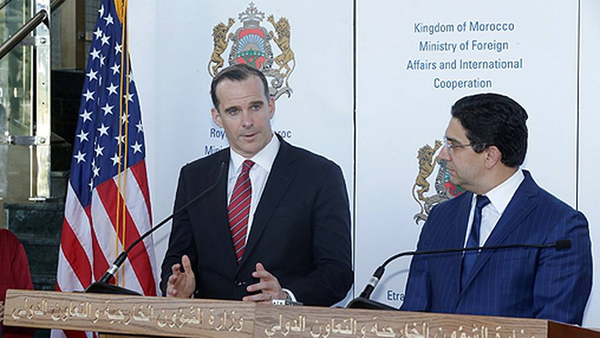 Brett H. McGurk, envoyé spécial du président américain, Donald Trump, et Nasser Bourita, ministre des Affaires étrangères et de la coopération internationale.
