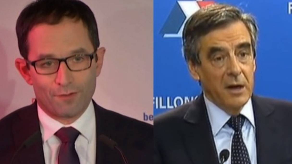 Benoît Hamon, défenseur d'une "gauche totale" et François Fillon, le candidat de la droite.
