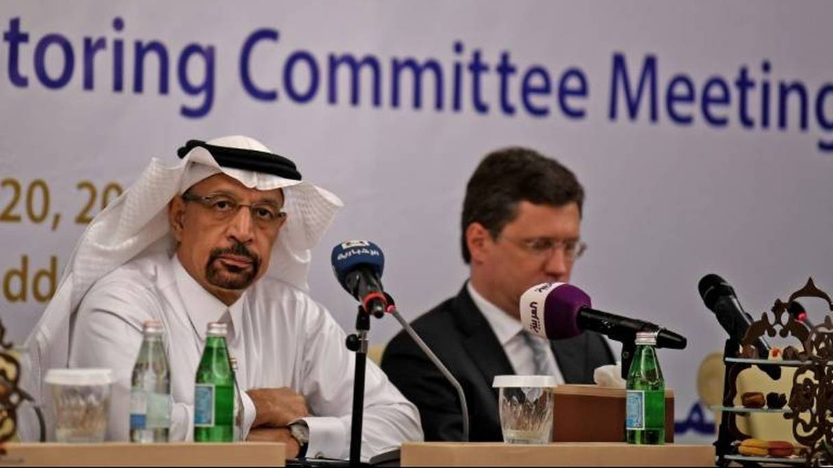 Le ministre saoudien de l'Energie Khaled al-Faleh (G) et son homologue russe Alexander Novak le 20 avril 2018 à Jeddah.
