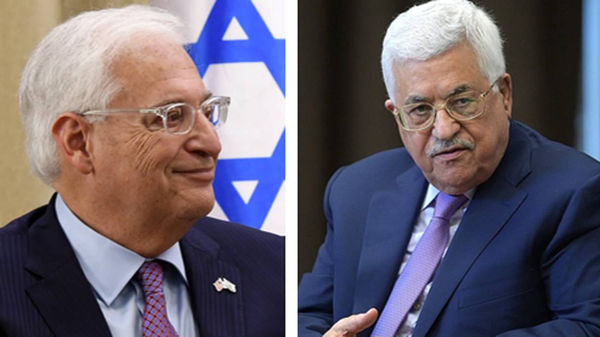 Rien ne va plus entre l'ambassadeur US en Israël, David Friedman (gauche) et le président palestinien Mahmoud Abbas.
