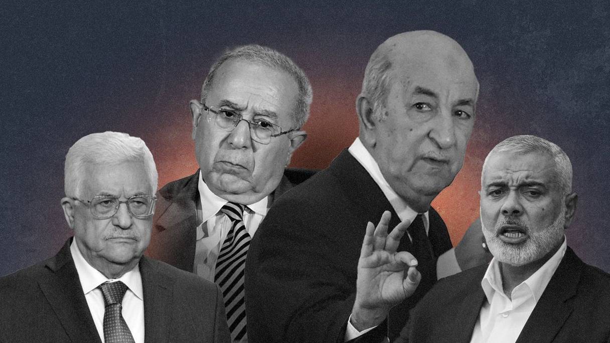 De gauche à droite: Mahmoud Abbas, président du Fatah, Ramtane Lamamra, ministre algérien des Affaires étrangères, Abdelmadjid Tebboune, président algérien, et Ismaïl Haniyeh, leader du Hamas. 
