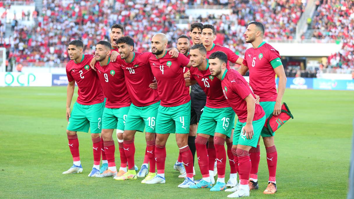 Le onze des Lions de l'Atlas lors du match Maroc-Afrique du Sud, comptant pour les éliminatoires de la CAN 2023, le 9 juin 2022, à Rabat.
