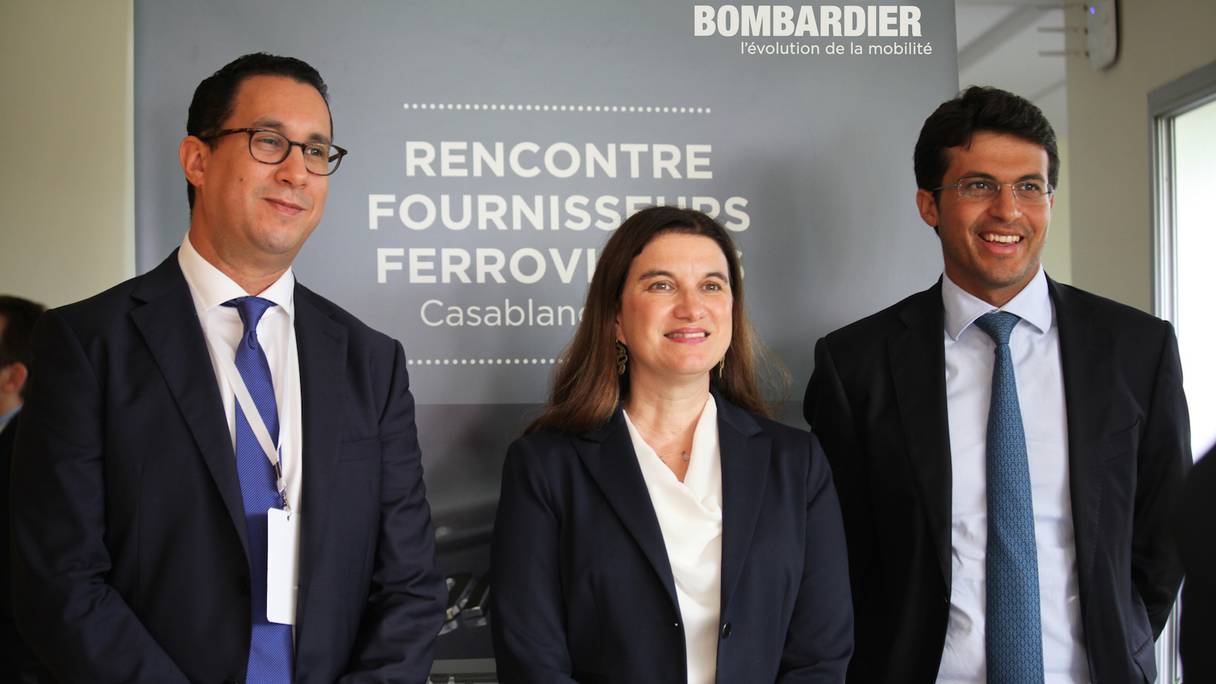 Taoufiq Boussaid, PDG de Bombardier Transport Maroc, Nathalie Dubé, ambassadrice du Canada au Maroc et Mamoun Bouhadhoud, ministre chargé des petites entreprises et de l'intégration du secteur informl de l'investissement et de l'économie numérique.
