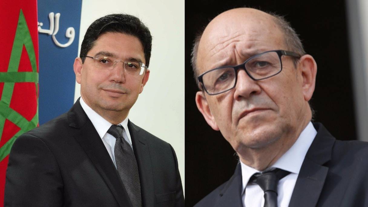 Nasser Bourita et Jean-Yves Le Drian, ministres des Affaires étrangères respectivement du Maroc et de la France. 
