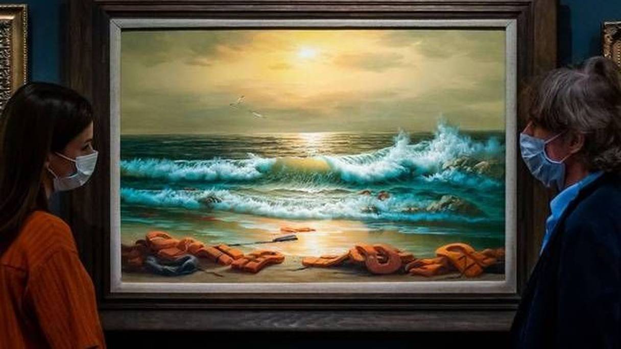 L'un des trois tableaux de Banksy intitulés "Vue de la mer Méditerranée, 2017".

