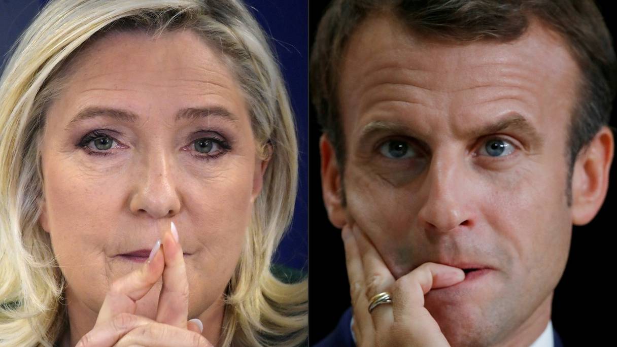 Marine Le Pen, en 2021, et Emmanuel Macron, en 2019. Le président-candidat doit affronter la candidate d'extrême-droite lors d'un débat télévisé, le 21 avril 2022.
