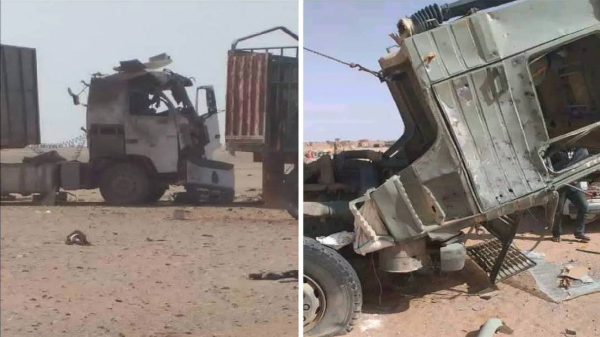Camions présumés attaqués, le 10 avril 2022, par des drones dans la zone tampon, près de Bir Lahlou.
