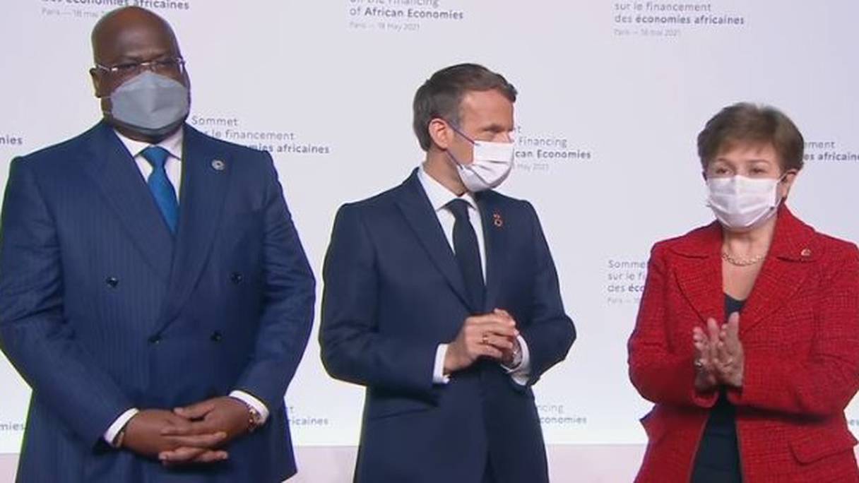 Félix Tshisekédi, président de la RDC et de l'Union africaine, Emmanuel Macron, président de la France, et Kristalina Georgieva, directrice du Fonds monétaire international (FMI).

