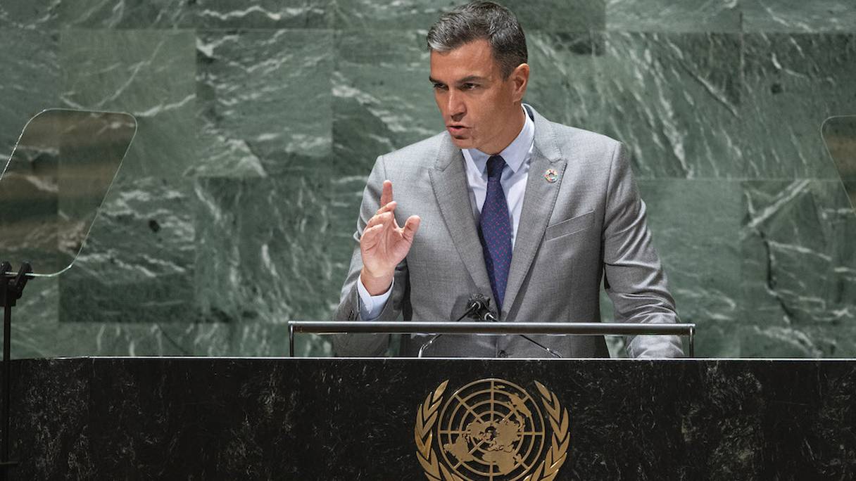 Le président du gouvernement espagnol, Pedro Sanchez, intervient à la 76e Assemblée générale de l'ONU, à New York, le 22 septembre 2021.
