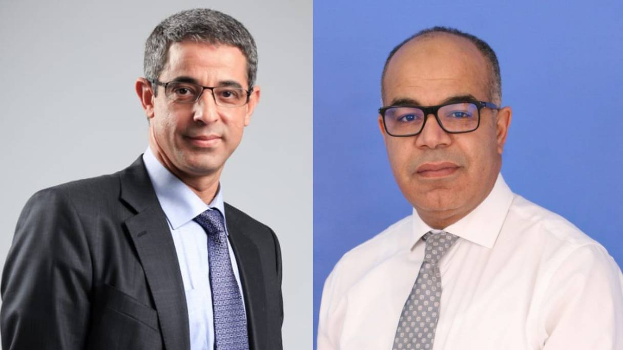 De g à d: Hassan El Bedraoui, DG adjoint en charge de la transformation, innovation, technologies et opérations du groupe Attijariwafa bank et Mohammed Drissi Melyani, DG de l’Agence de développement du digital.
