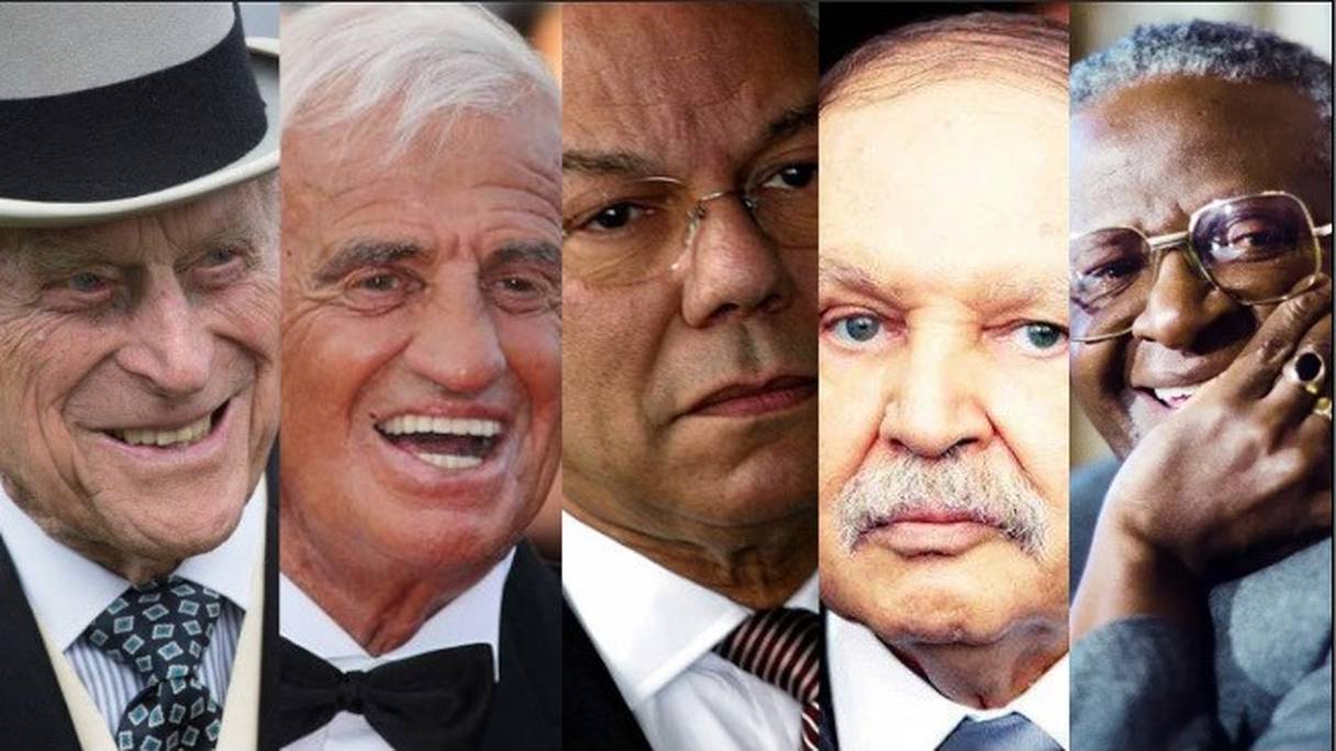 De gauche à droite, le prince Philip, Jean-Paul Belmondo, Colin Powell, Abdelaziz Bouteflika, Desmond Tutu. 
