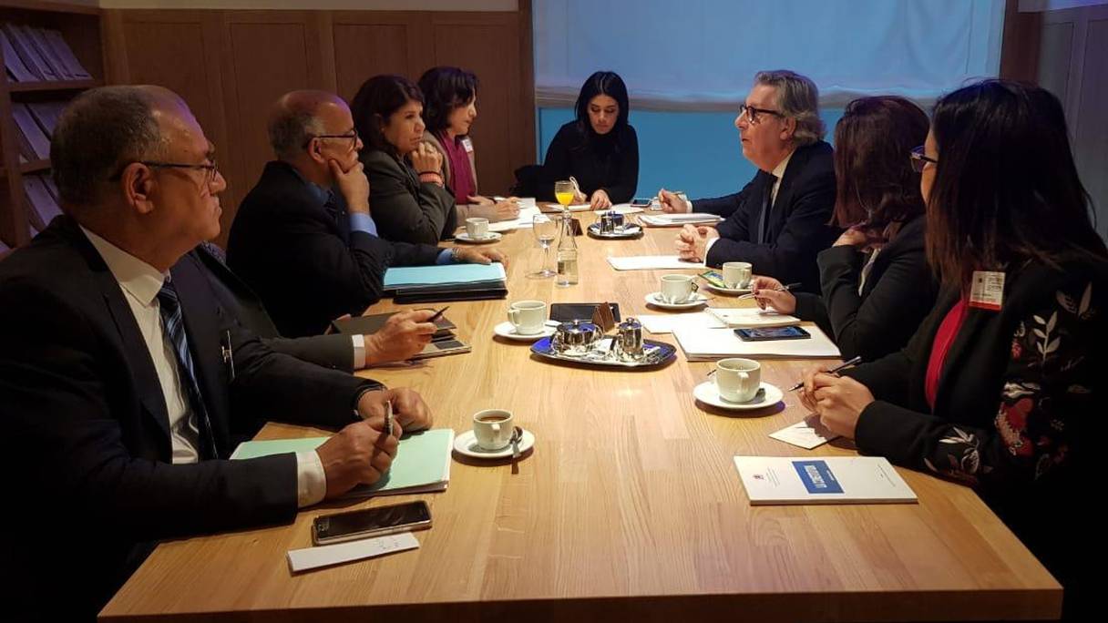 Strasbourg, ce mercredi 16 janvier 2019. Réunion, avant le vote par le Parlement européen, entre Gilles Pargneaux, eurodéputé, et Mohamed Cheikh Biadillah, conseiller parlementaire, tous deux co-présidents du Groupe d'amitié UE-Maroc. 
