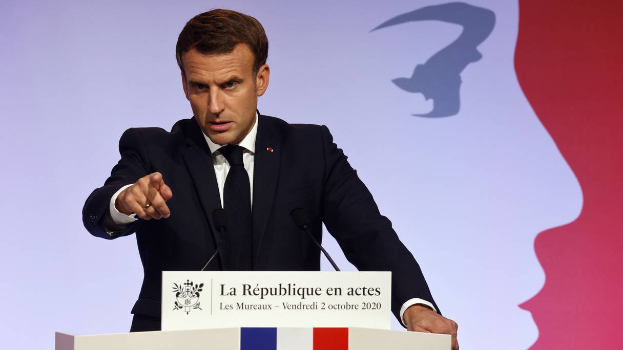 Emmanuel Macron, président de la République française, le 2 octobre 2020, lors d'une allocution dans les Yvelines, en région parisienne.
