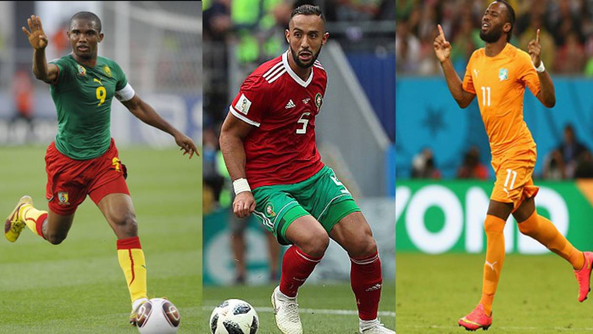 De gauche à droite: Samuel Eto'o (Cameroun), Medhi Benatia (Maroc), Didier Drogba (Côte d'Ivoire). 
