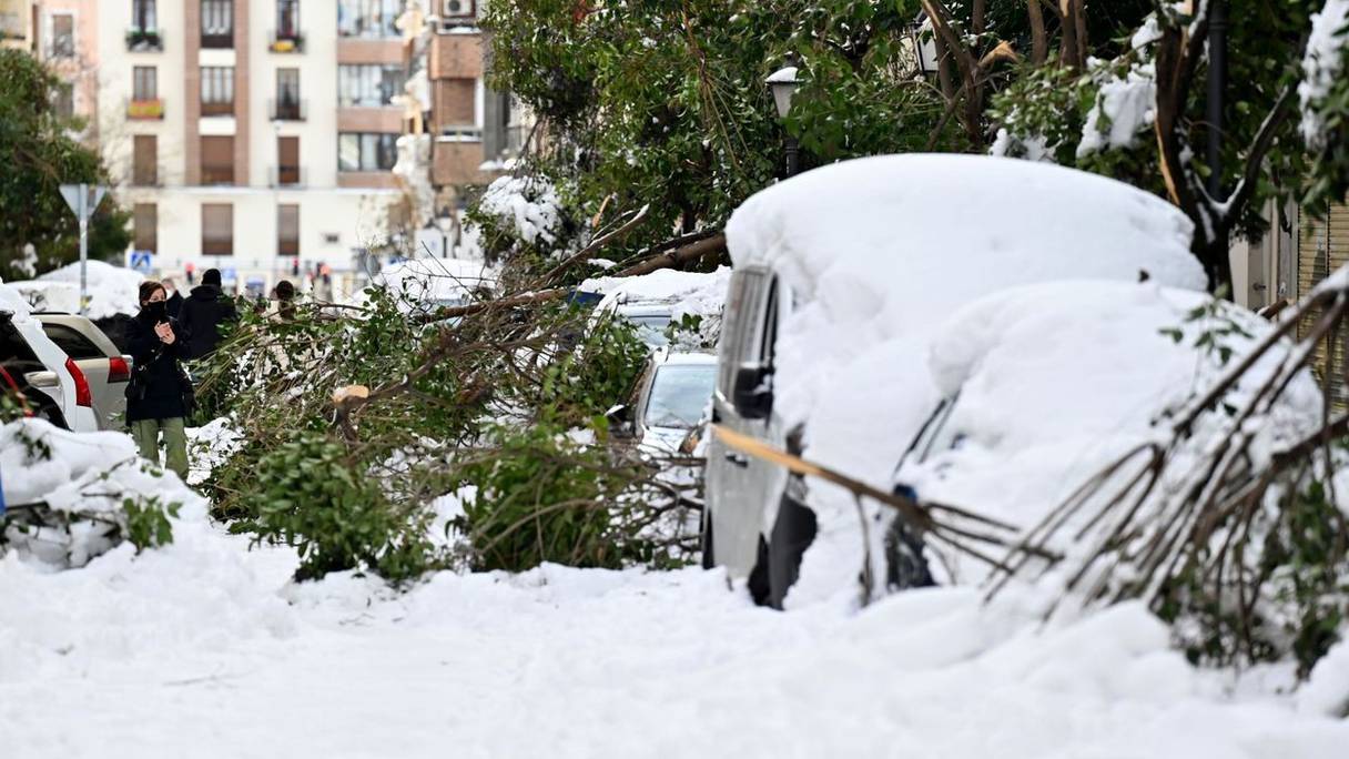 L'Espagne est aux prises avec une tempête de neige sans précédent. Ici, une rue de Madrid.
