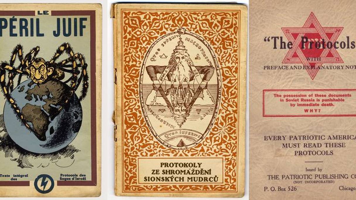 Premières de couverture du Protocole des sages de Sion. Ce livre antisémite, de désinformation, a été publié pour la première fois en Russie au XIXe siècle. Son auteur est à ce jour inconnu. 

