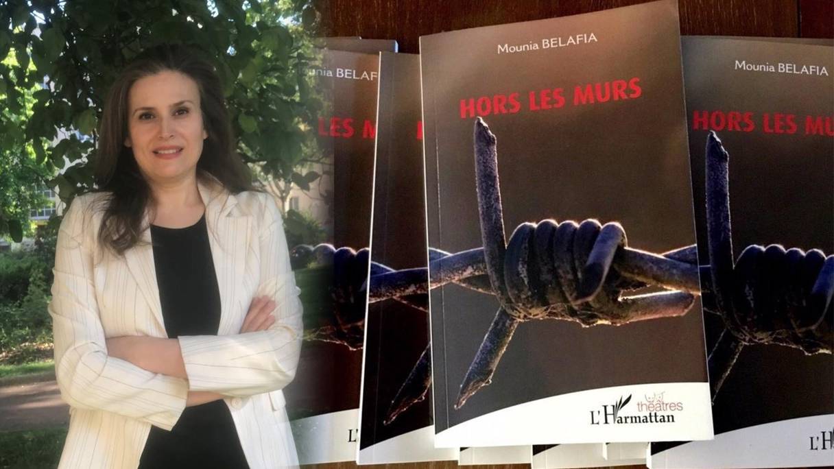 L'écrivaine Mouna Belafia et la couverture de sa pièce de théâtre "Hors les murs".

