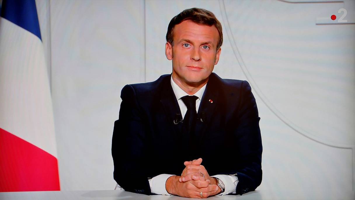 Allocution d'Emmanuel Macron, retransmise à la télévision, le mercredi 28 octobre 2020 au soir. Le président français a annoncé le reconfinement de la population (capture d'écran). 
