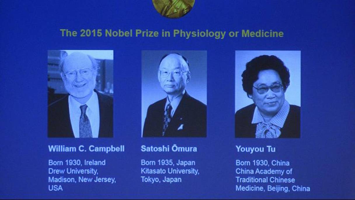 Les portraits des trois lauréats du prix Nobel de médecine visibles sur un écran lors de la conférence de presse du comité Nobel, le 5 octobre 2015 à Stockholm.
