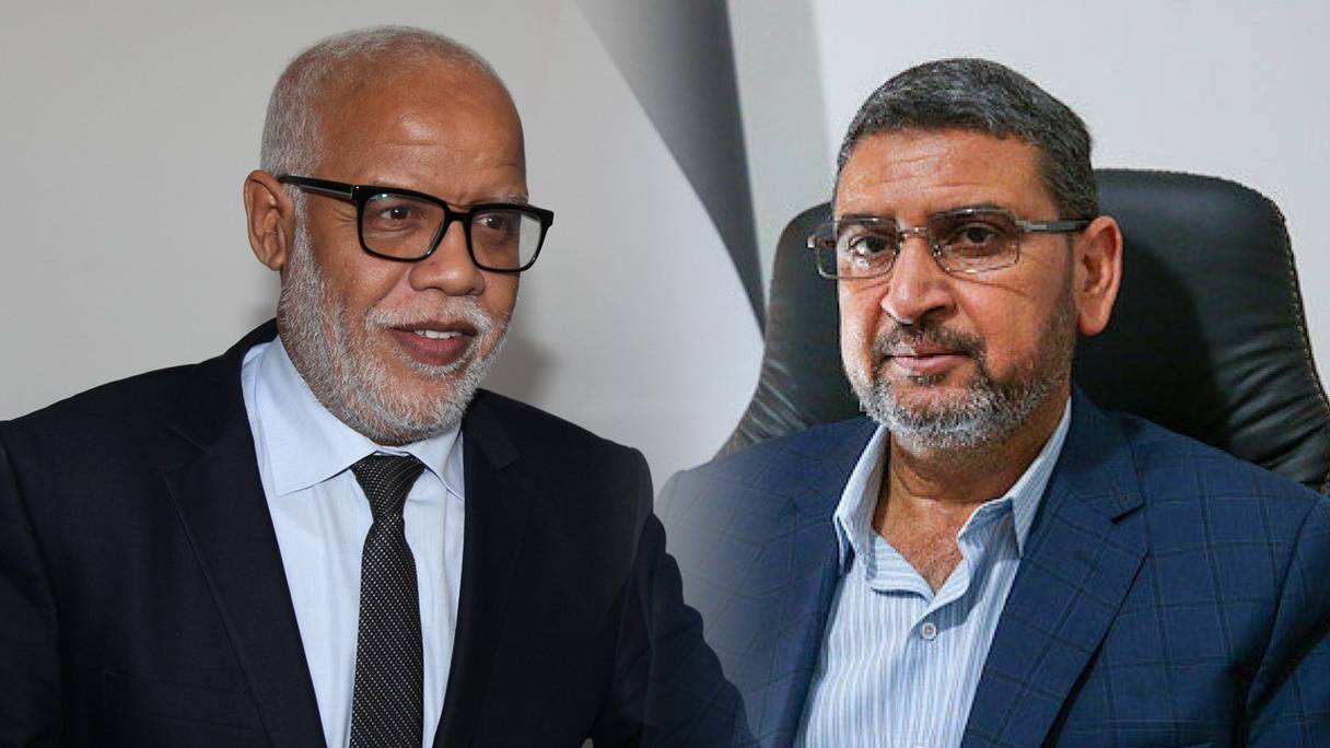 Mohamed Yatim, dirigeant du PJD et ancien ministre, et Sami Abu Zuhri, porte-parole du Hamas (Photomontage Le360).
