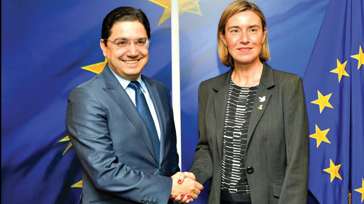 Nasser Bourita, ministre des Affaires étrangères marocain et Federica Mogherini, vice-présidente de la Commission européenne et haute représentante de l’UE pour les Affaires étrangères.
