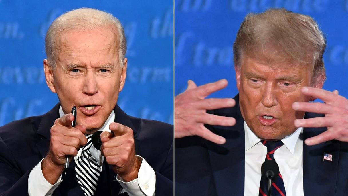 Joe Biden et Donald Trump, à leur première confrontation, lors du débat présidentiel de Cleveland, dans l'Ohio, le 29 septembre 2020 (photomontage AFP). 
