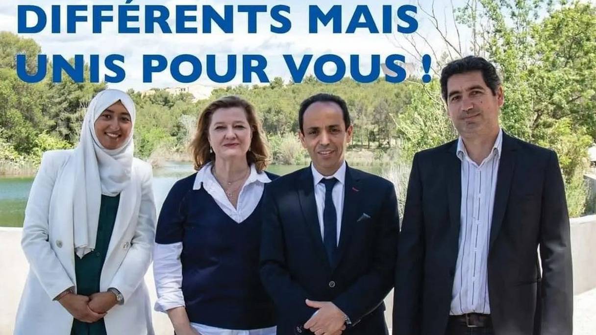 A gauche de l'affiche, une candidate LREM remplaçante, dans le canton de Montpellier I, apparaît voilée (capture d'écran Twitter)
