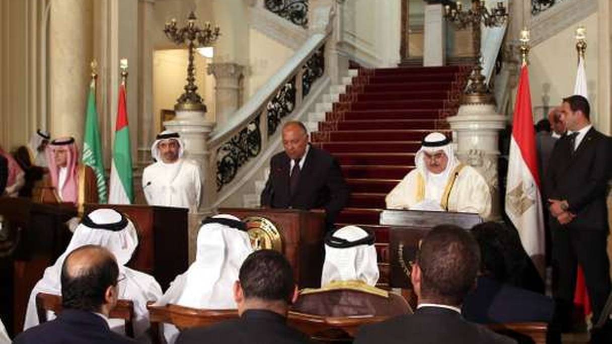 Les ministres des Affaires étrangères saoudien, des Emirats arabes unis, d'Egypte et du Bahreïn, au Caire le 5 juillet 2017.
