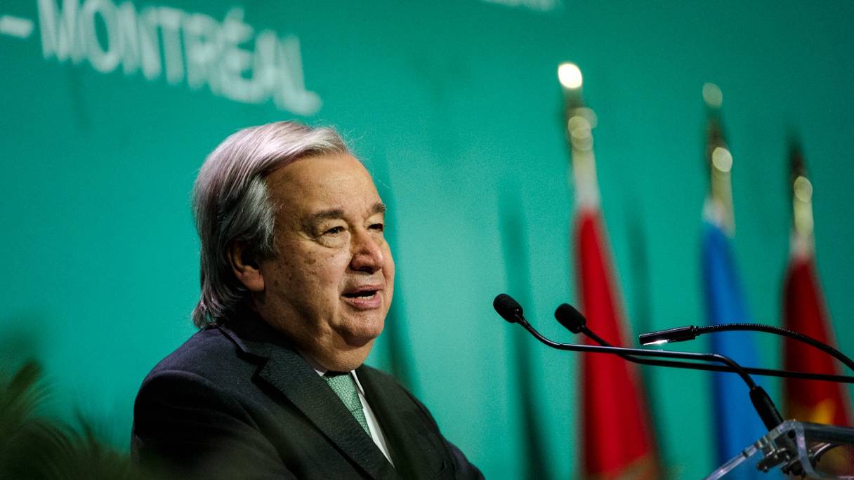 Allocution d'Antonio Guterres, secrétaire général de l'ONU, à la cérémonie d'ouverture de la Conférence des Nations Unies sur la biodiversité (COP15), au Palais des congrès de Montréal, au Québec (Canada), le 6 décembre 2022.
