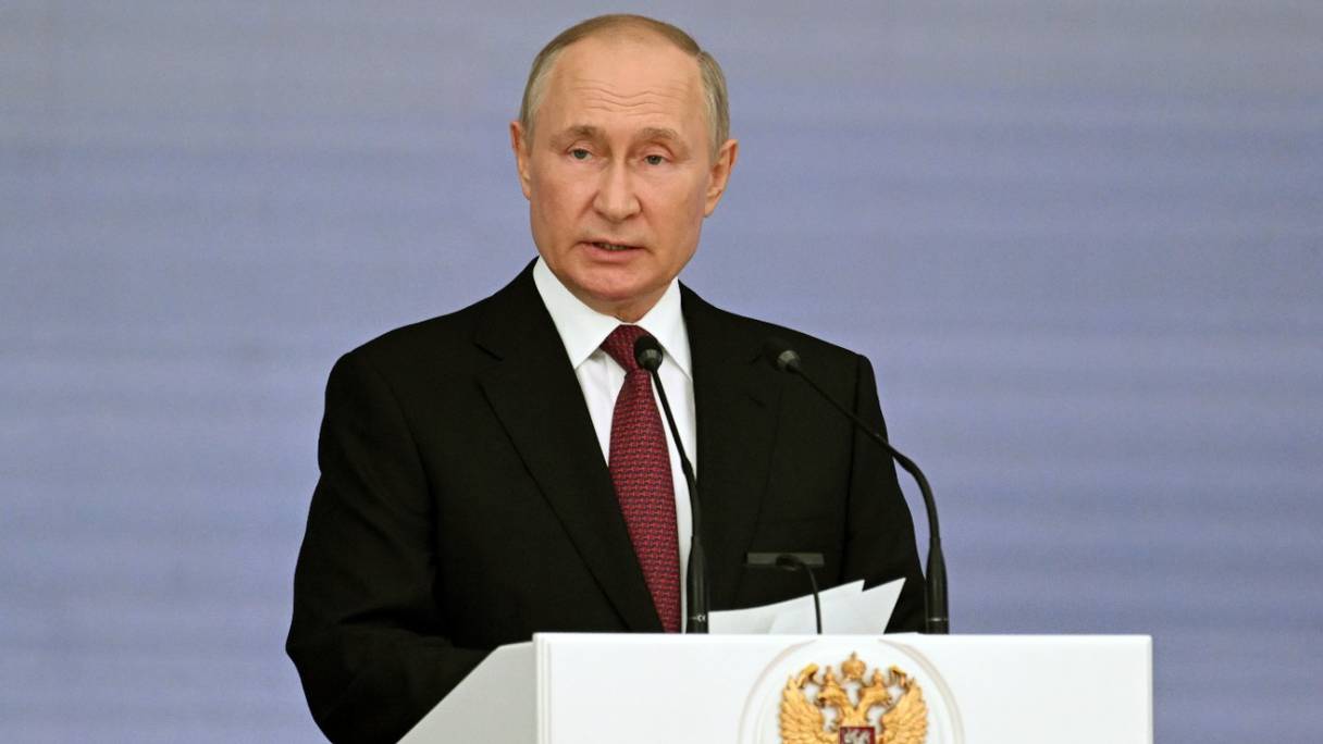 Le président russe Vladimir Poutine s'adresse à un rassemblement marquant le 220e anniversaire du ministère de la Justice à Moscou, le 20 septembre 2022.
