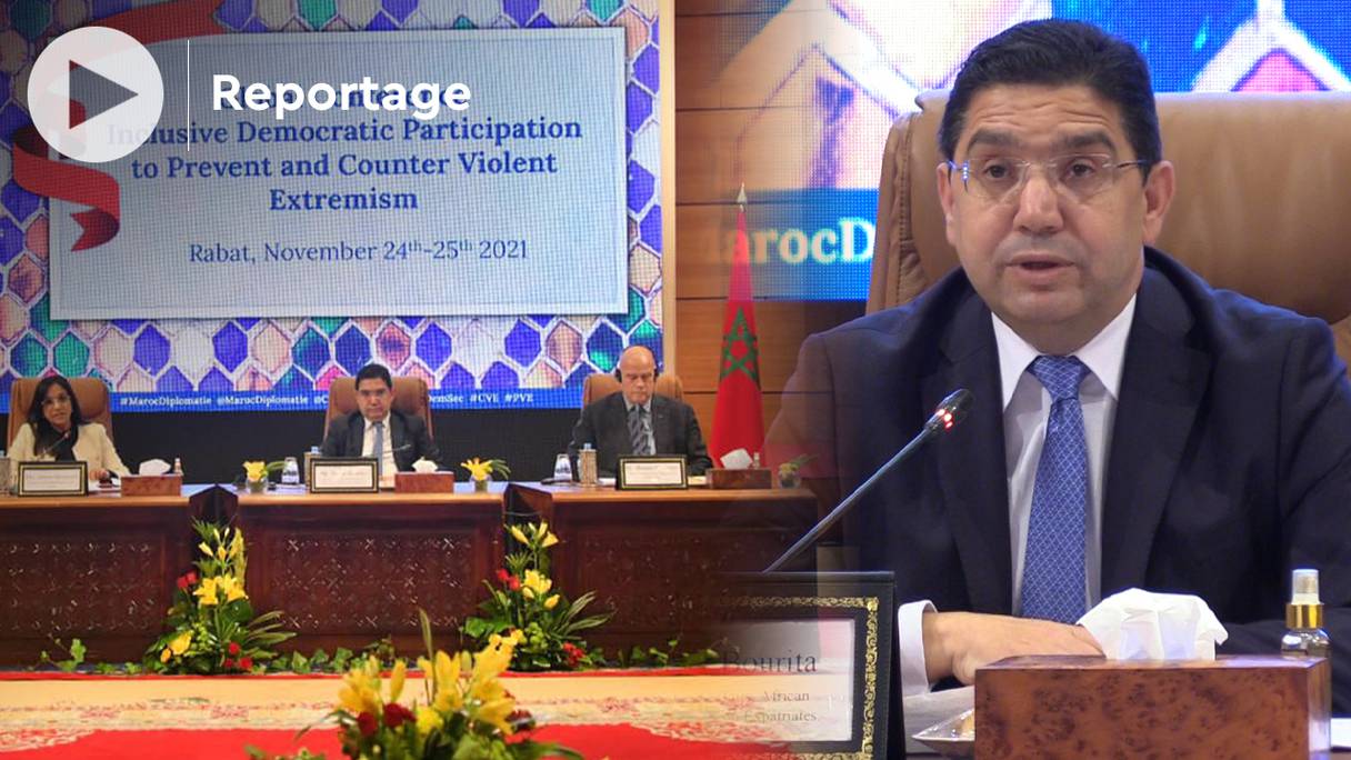 Nasser Bourita, ministre des Affaires étrangères, s'exprime lors d'une visioconférence sur les moyens à même de lutter contre le terrorisme, le 24 novembre 2021. 
