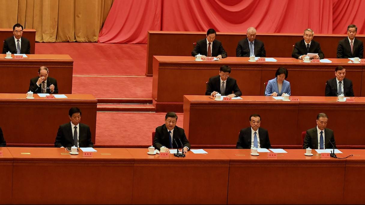 Le président chinois Xi Jinping prononçant son discours lors du 110e anniversaire de la Révolution de 1911, le samedi 9 octobre 2021.
