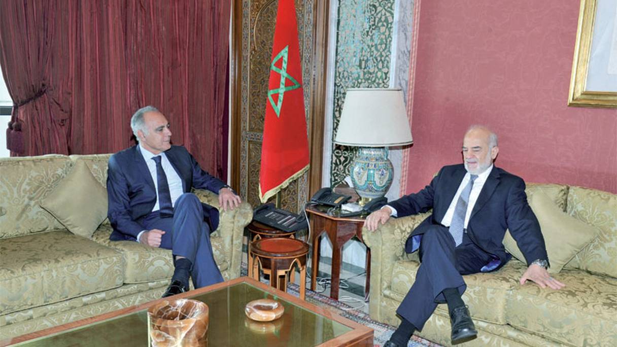 Brahim Jaâfari, ministre irakien des Affaires étrangères, lors de sa visite le 22 février dernier à Rabat. Ici, reçu par son homologue Salaheddine Mezouar.
