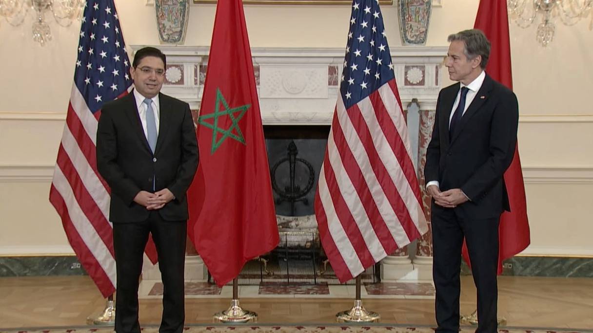 Le ministre des Affaires étrangères Nasser Bourita et le secrétaire d'Etat américain Antony Blinken, à l'issue de leur rencontre à Washington, le 22 novembre 2021. 
