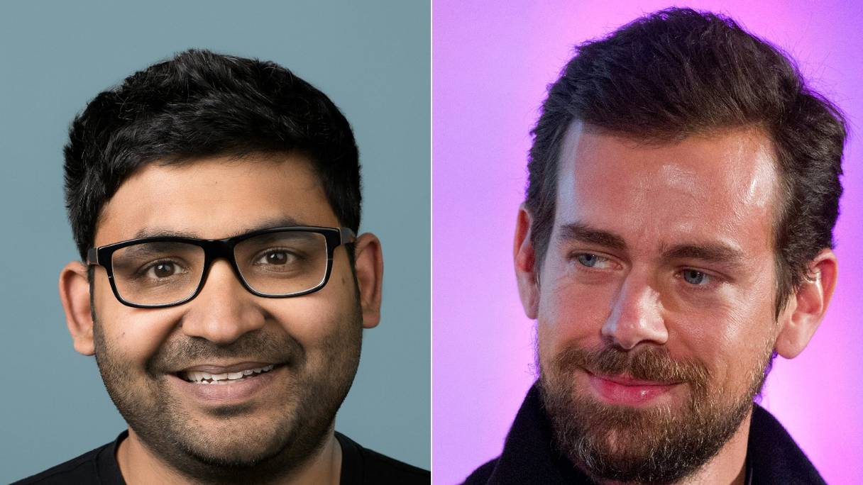 Le nouveau PDG de Twitter, Parag Agrawal (à gauche) et Jack Dorsey, qui a quitté son poste de PDG, ici à Londres, en 2014. Parag Agrawal, qui lui succède, passe d'une relative obscurité au statut de talent né en Inde, qui va diriger un géant américain de la technologie.
